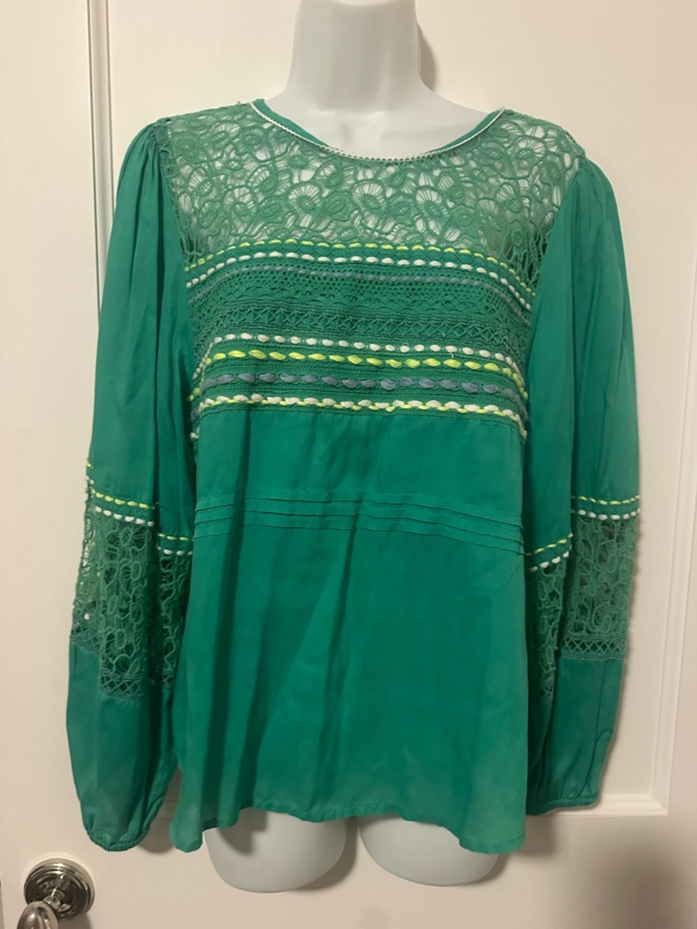 Anthropologie Emerald Green Lace-Inset Long Sleeve Blouse